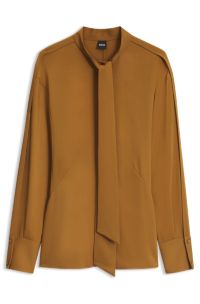 Tie-collar crepe blouse, Brown