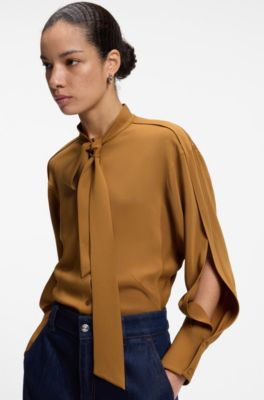 Tie-collar crepe blouse, Brown