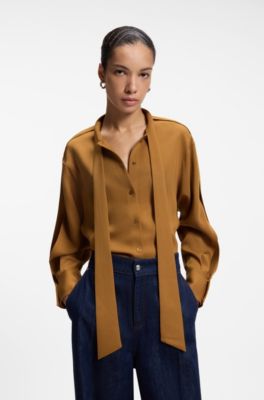 Tie-collar crepe blouse, Brown