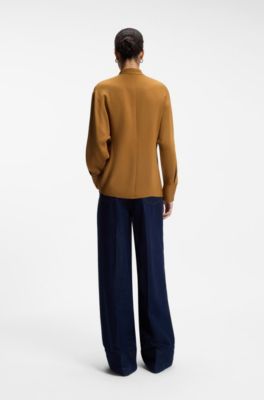 Tie-collar crepe blouse, Brown