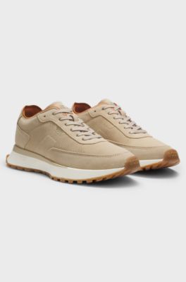 Suede trainers with perforations, Beige