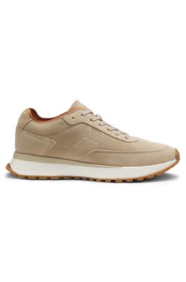 Suede trainers with perforations, Beige