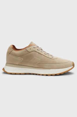 Suede trainers with perforations, Beige