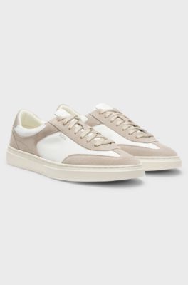 Lace-up trainers with suede trims, Natural