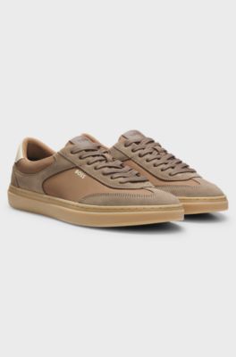 Lace-up trainers with suede trims, Beige
