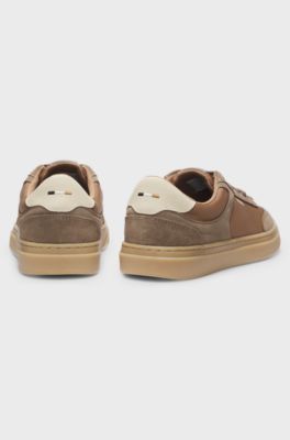 Lace-up trainers with suede trims, Beige