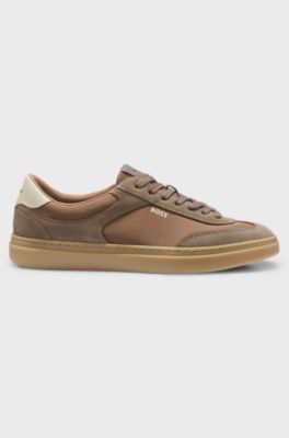 Lace-up trainers with suede trims, Beige