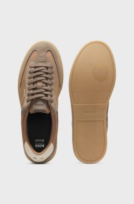 Lace-up trainers with suede trims, Beige