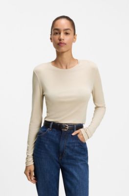 Slim-fit stretch-jersey top with ribbed texture, Light Beige