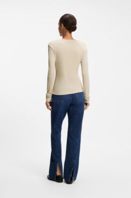 Slim-fit stretch-jersey top with ribbed texture, Light Beige