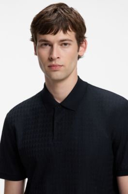 Geometric-jacquard polo shirt in cotton, Dark Blue