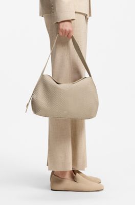 Woven shoulder bag with Double B monogram, Light Beige