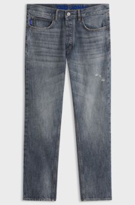 Regular-fit jeans in mid-blue crosshatch denim, Blue