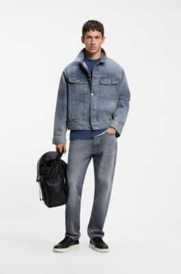Regular-fit jeans in mid-blue crosshatch denim, Blue