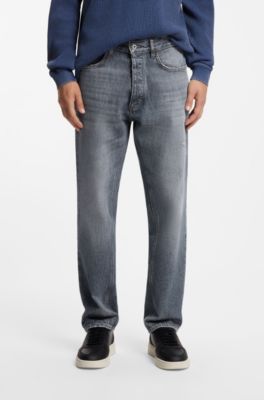 Regular-fit jeans in mid-blue crosshatch denim, Blue