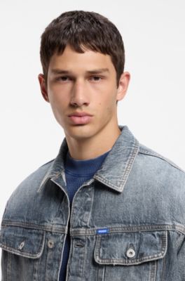 Relaxed-fit jacket in mid-blue crosshatch denim, Blue