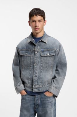 Relaxed-fit jacket in mid-blue crosshatch denim, Blue