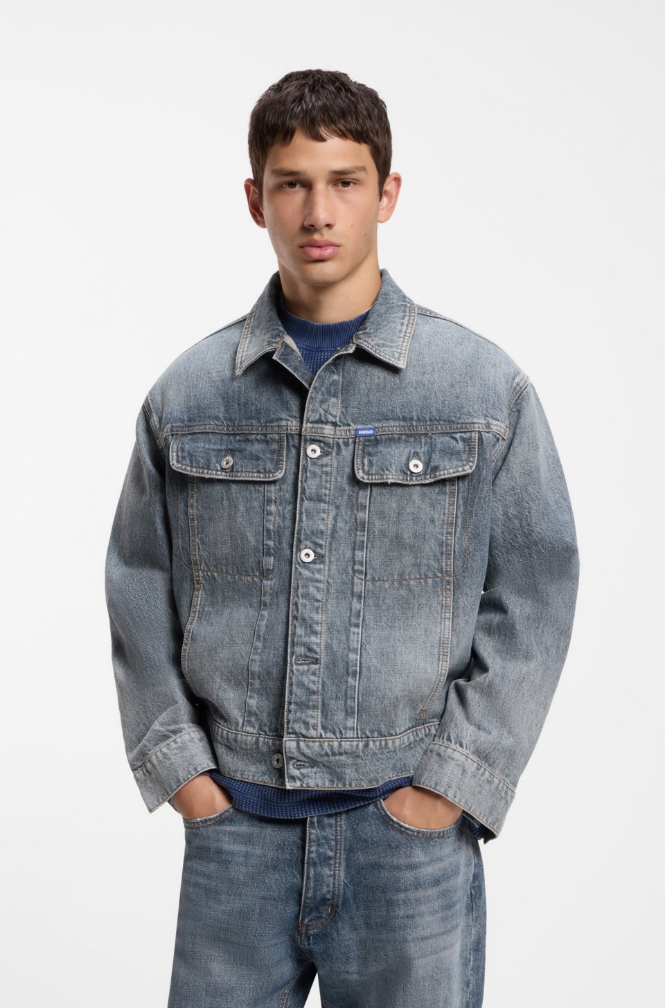 Relaxed-fit jacket in mid-blue crosshatch denim