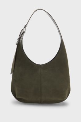 Borsa hobo in similcamoscio con dettagli in metallo, Verde scuro