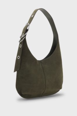 Sac hobo en su&eacute;dine avec garnitures m&eacute;talliques, Vert sombre