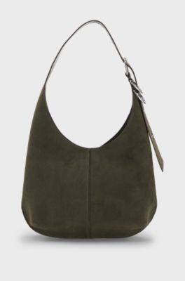 Faux-suede hobo bag with hardware trims, Dark Green