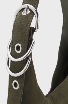 Faux-suede hobo bag with hardware trims, Dark Green