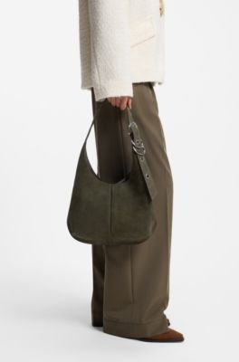 Borsa hobo in similcamoscio con dettagli in metallo, Verde scuro