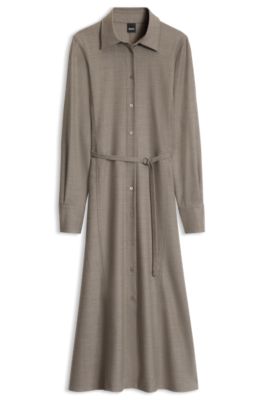 Belted flannel shirt dress with wool and linen, Brown