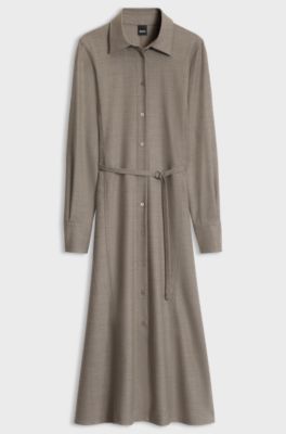 Belted flannel shirt dress with wool and linen, Brown