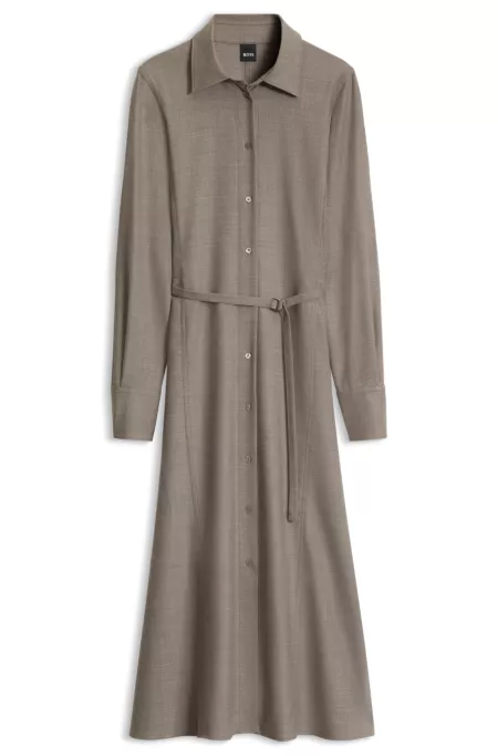 Belted flannel shirt dress with wool and linen