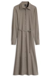 Belted flannel shirt dress with wool and linen, Brown