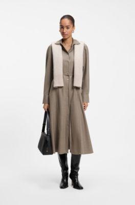 Belted flannel shirt dress with wool and linen, Brown