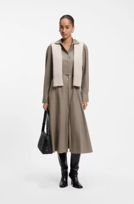 Robe-chemise à ceinture en flanelle de laine et de lin