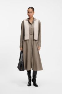 Belted flannel shirt dress with wool and linen, Brown