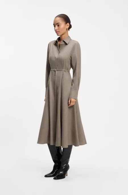 Belted flannel shirt dress with wool and linen