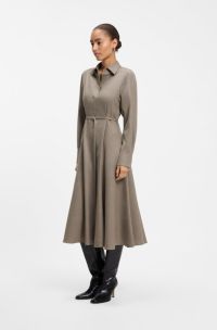 Belted flannel shirt dress with wool and linen, Brown
