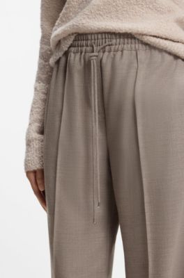 Straight-fit trousers in flannel with drawstring waist, Brown