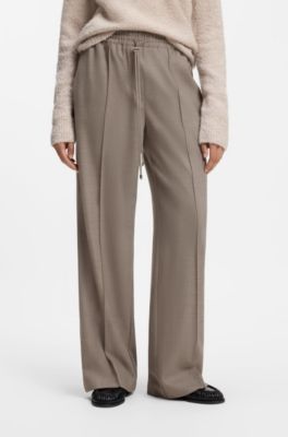 Straight-fit trousers in flannel with drawstring waist, Brown