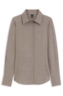 Slim-fit blouse in flannel with wool and linen, Light Brown