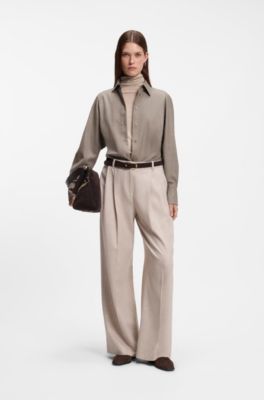 Slim-fit blouse in flannel with wool and linen, Light Brown