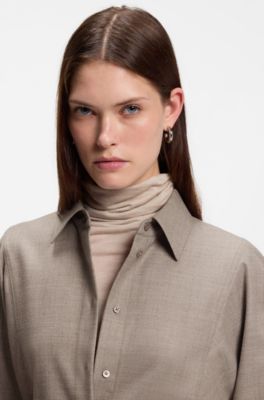 Slim-fit blouse in flannel with wool and linen, Light Brown