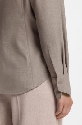 Slim-fit blouse in flannel with wool and linen, Light Brown