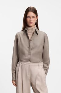 Slim-fit blouse van flanel met wol en linnen, Lichtbruin