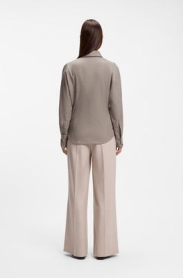 Slim-fit blouse in flannel with wool and linen, Light Brown