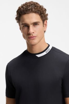 T-shirt in cotone elasticizzato con colletto con logo, Blu scuro