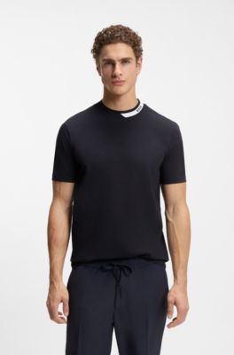 T-shirt in stretch cotton with a logo collar, Dark Blue