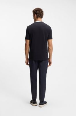 T-shirt in cotone elasticizzato con colletto con logo, Blu scuro