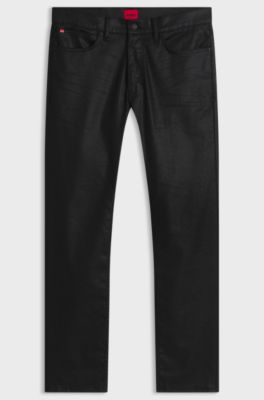 Slim-fit black jeans in coated comfort-stretch denim, Black
