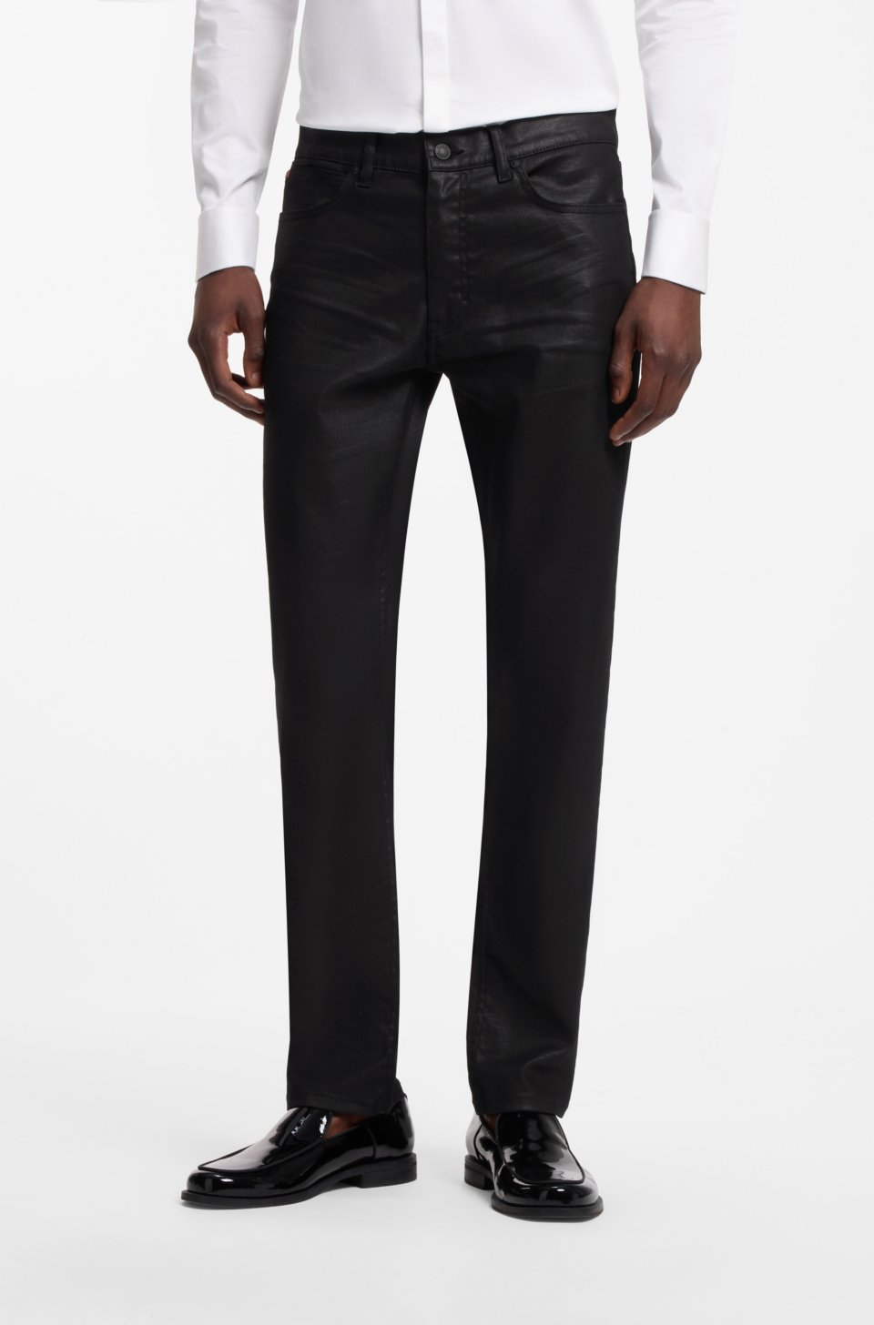 Slim-fit black jeans in coated comfort-stretch denim