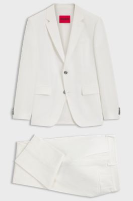 Two-piece slim-fit suit in cotton and linen, White